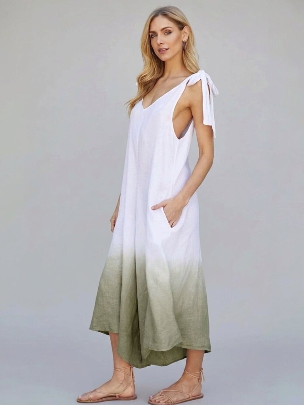 Italian Linen Wide Leg Jumpsuit Sz M Ombré Relaxed Pockets Boho Coastal